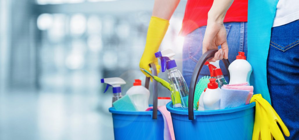 buckets full of cleaning supplies