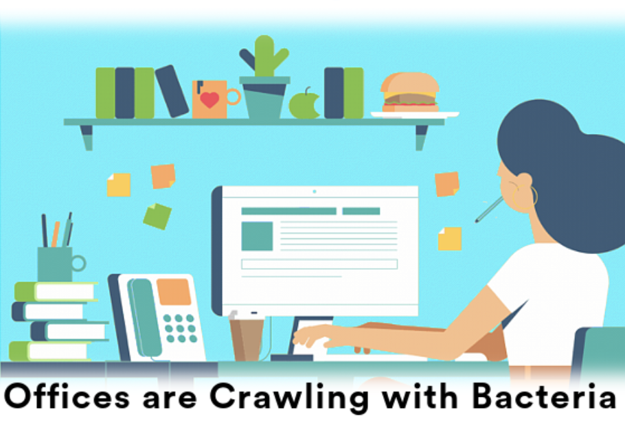Cartoon office desk scene captioned 'Offices are Crawling with Bacteria'
