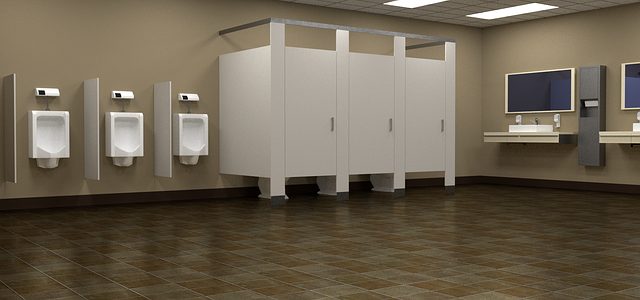 A washroom interior with wall-mounted urinals, toilet cubicles and a row of basins with mirrors