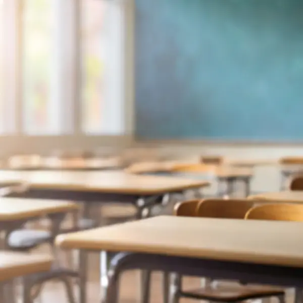 Blurred rows of empty classroom desks and chairs facing a green chalkboard