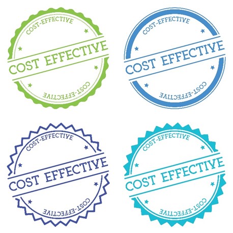 Four circular badge graphics reading "cost effective" in green, blue, navy and teal