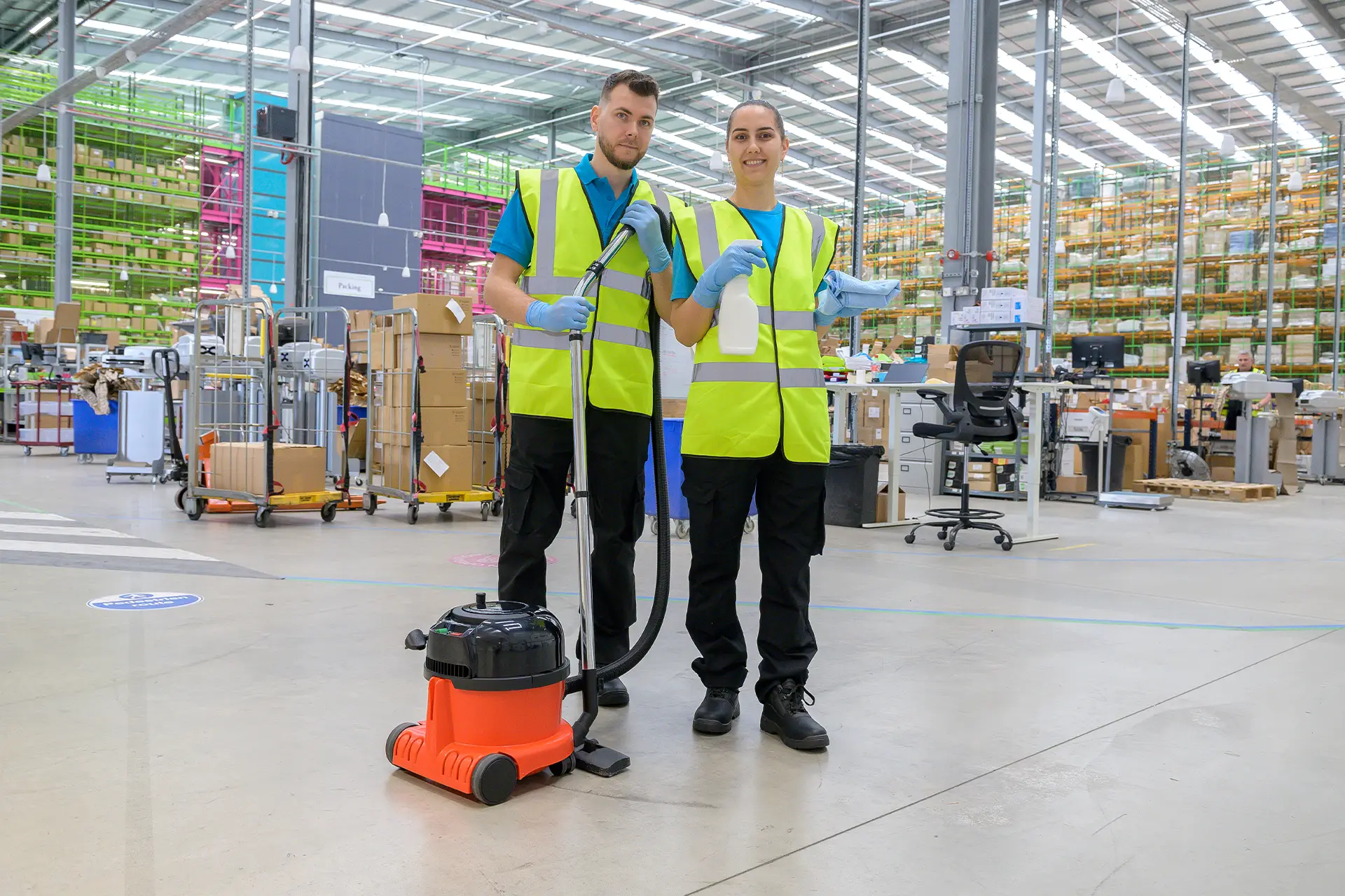 Two cleaners in hi-vis vests and branded blue polo shirts with a vacuum cleaner and spray bottle in a warehouse