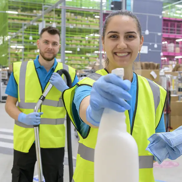 A cleaner in hi-vis vest holding out a spray bottle, with another cleaner and vacuum hose behind in a warehouse