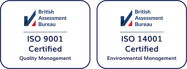 British Assessment Bureau marks — ISO 9001 Certified Quality Management and ISO 14001 Certified Environmental Management