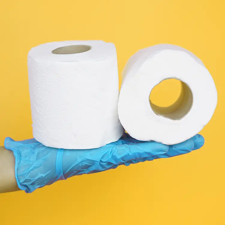 Two rolls of toilet paper balanced on a blue gloved hand against a yellow background
